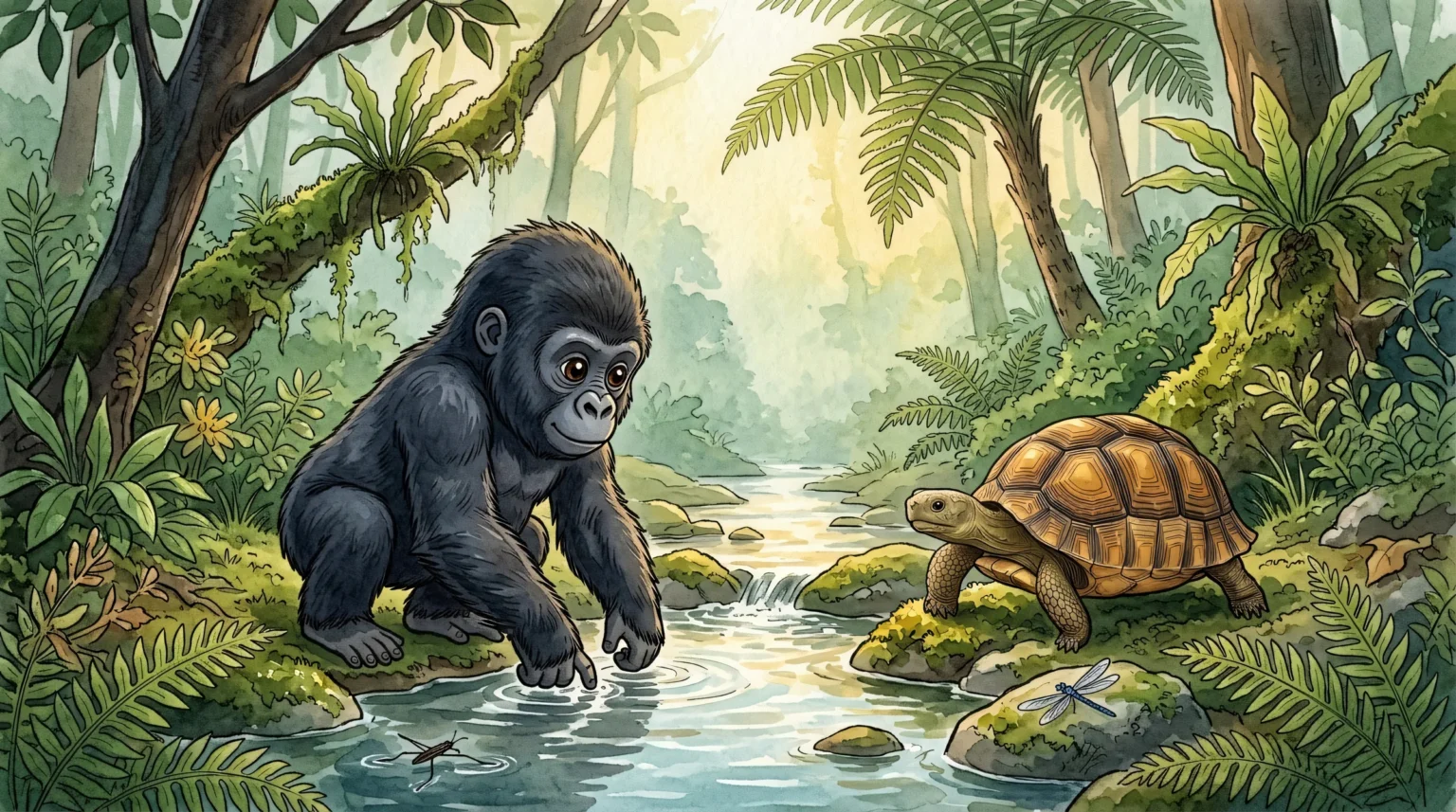 Gorgus, a baby gorilla, patting the stream water next to Kul the tortoise