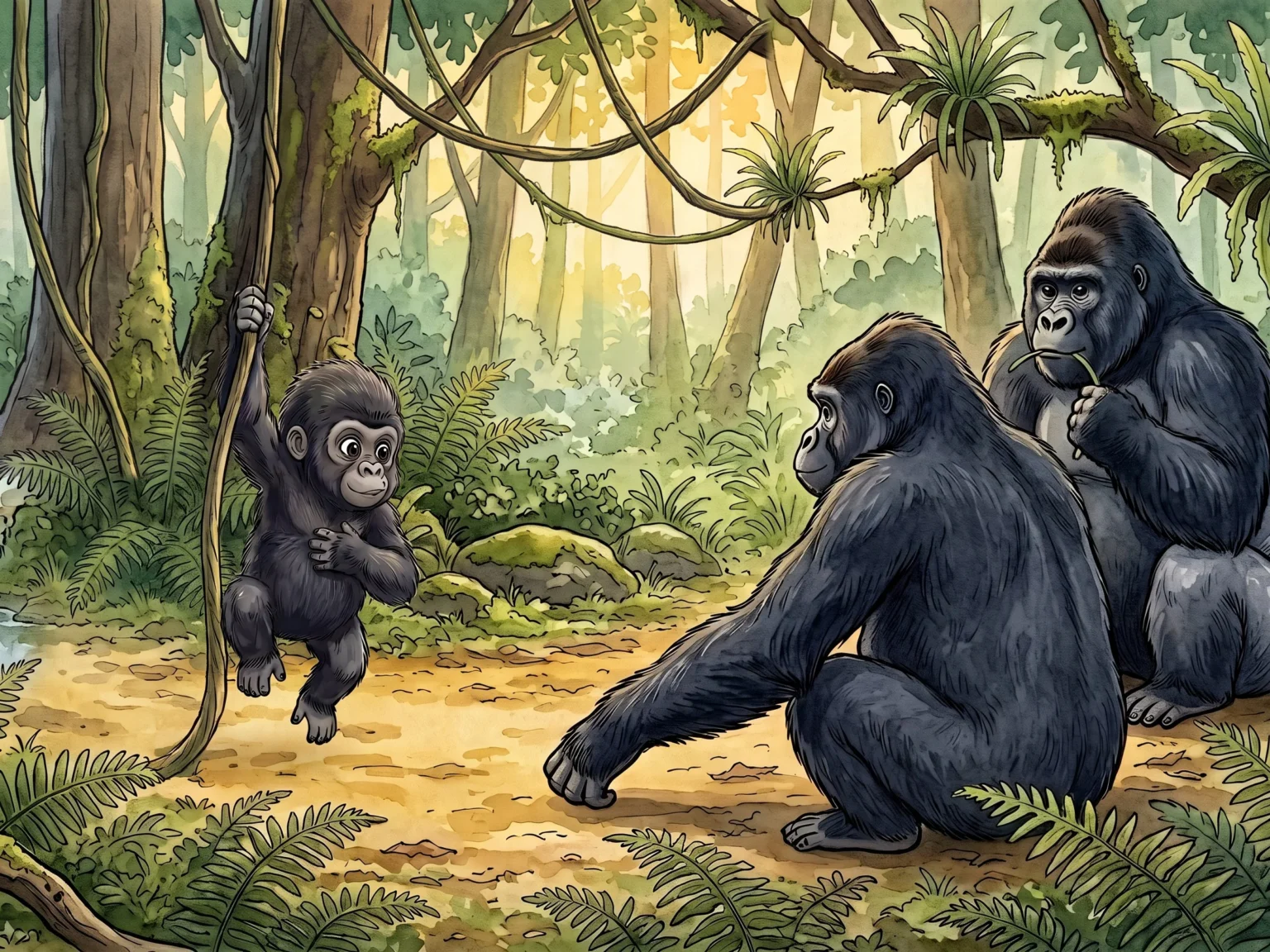 Gorgus, a baby gorilla, swings on a vine in front of his parents, Ma’ Pagi and Pa’ Pagi