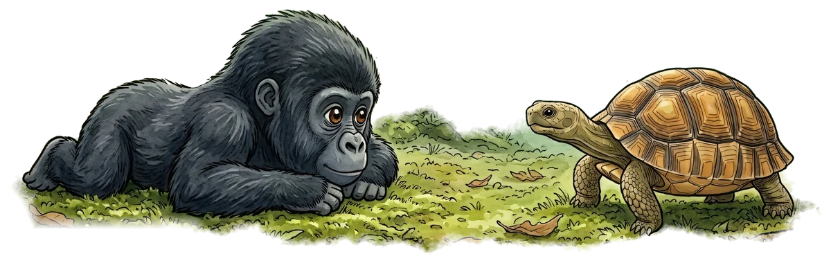 Gorgus, a baby gorilla, lying on the moss facing Kul the tortoise
